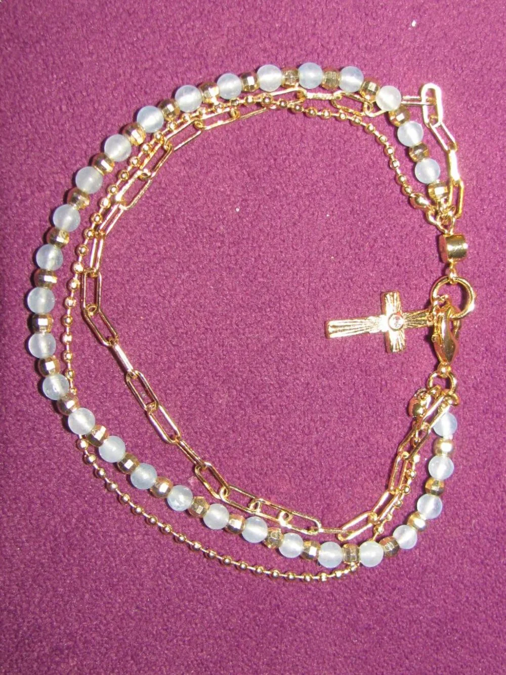 Love This Life Blue Quartz Bead Triple Strand Cross Bracelet